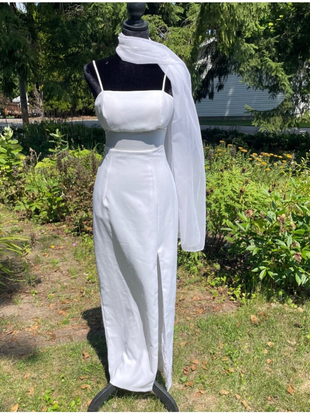 Vintage 90s Roberta Slip Dress 2 pc Scarf Maxi White Rhinestones Slit Front Sz 4